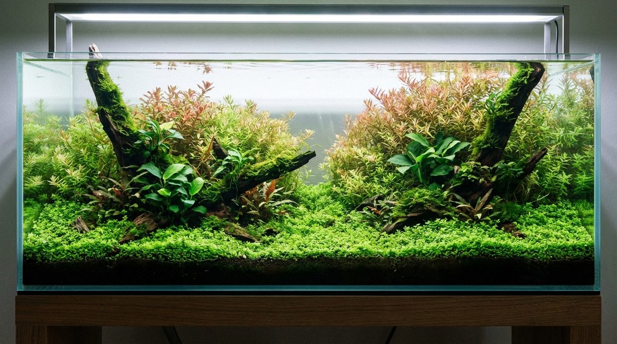Dicht bepflanztes Pflanzenaquarium mit Moosen und Stängelpflanzen