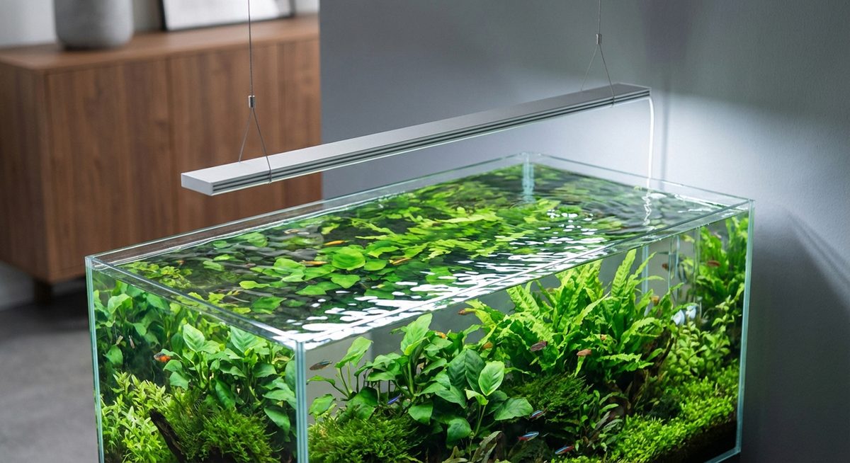 LED-Aufsatzleuchte auf einem bepflanzten Aquarium mit Lichtreflexen auf der Wasseroberfläche