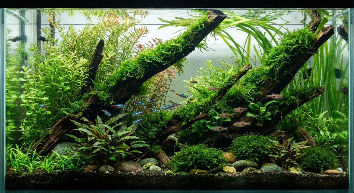 Dicht bepflanztes 200-Liter-Pflanzenaquarium mit Moorkienwurzeln und Stängelpflanzen