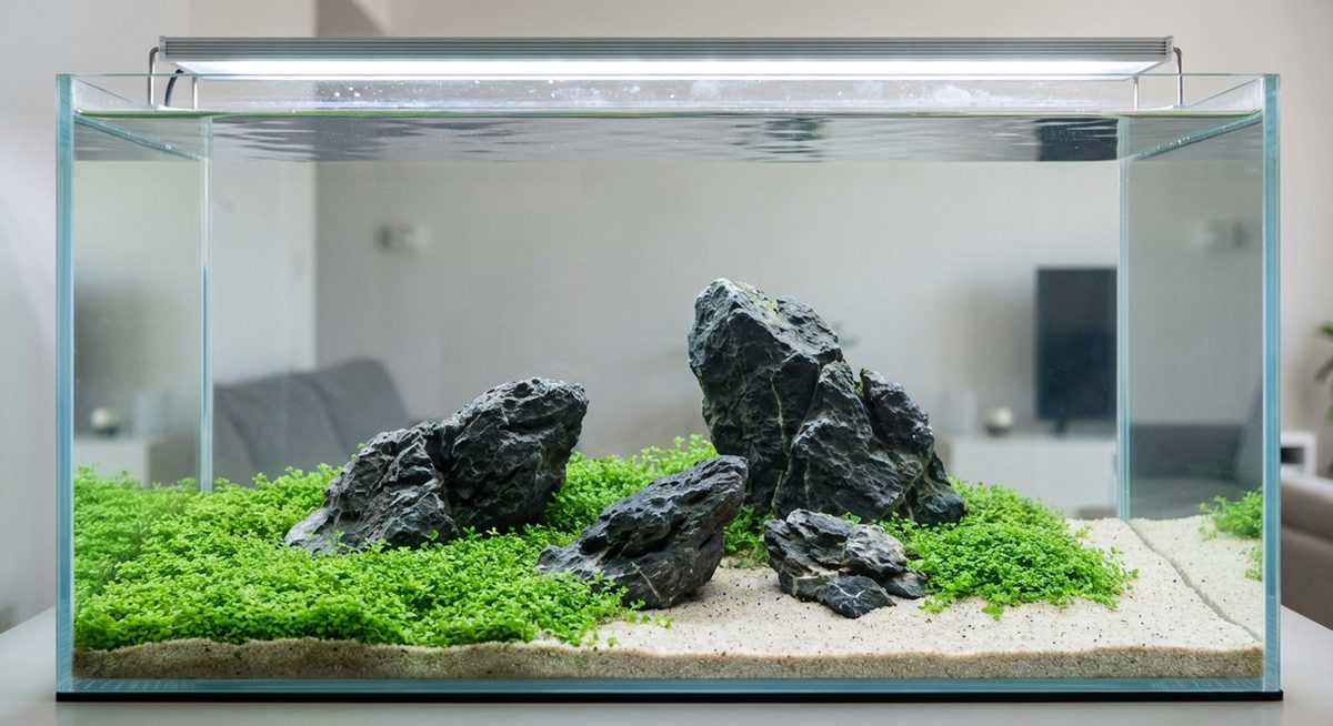 Iwagumi-Aquascape mit Seiryu-Steinen und Hemianthus-Bodendecker im 120-Liter-Becken