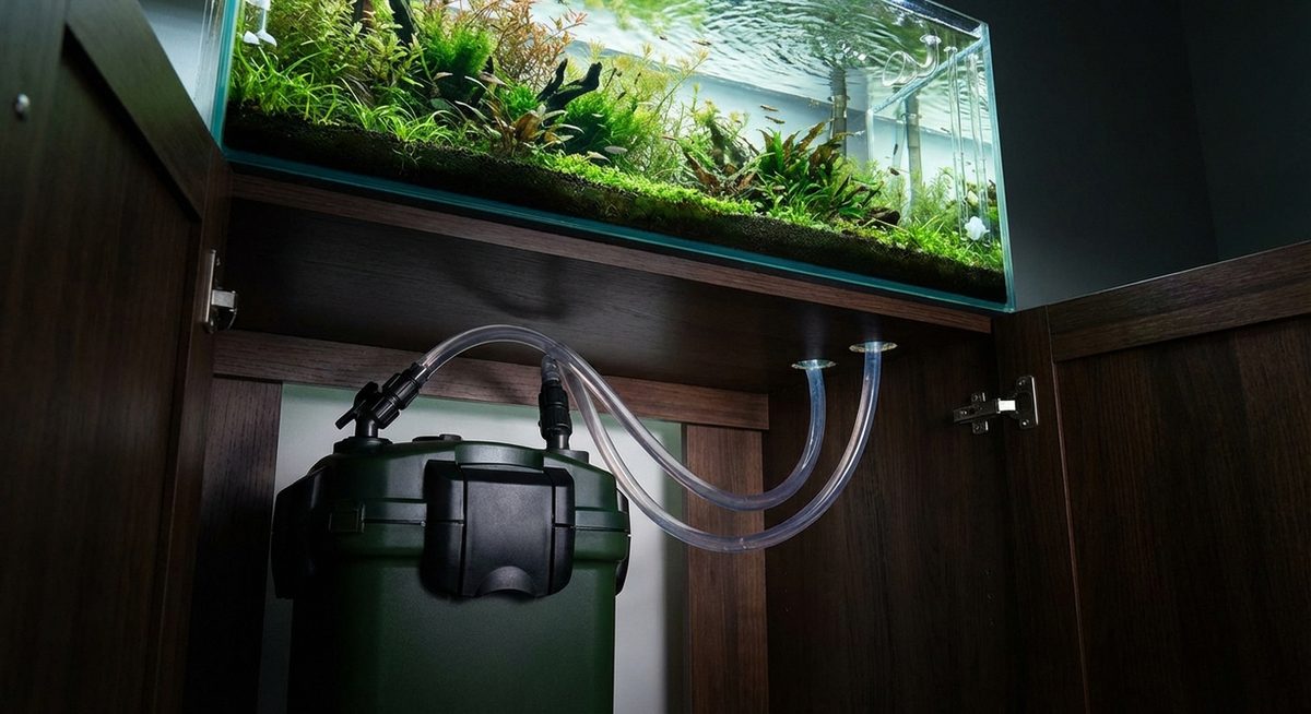 Außenfilter im Aquarienunterschrank mit Schlauchführung zum Becken