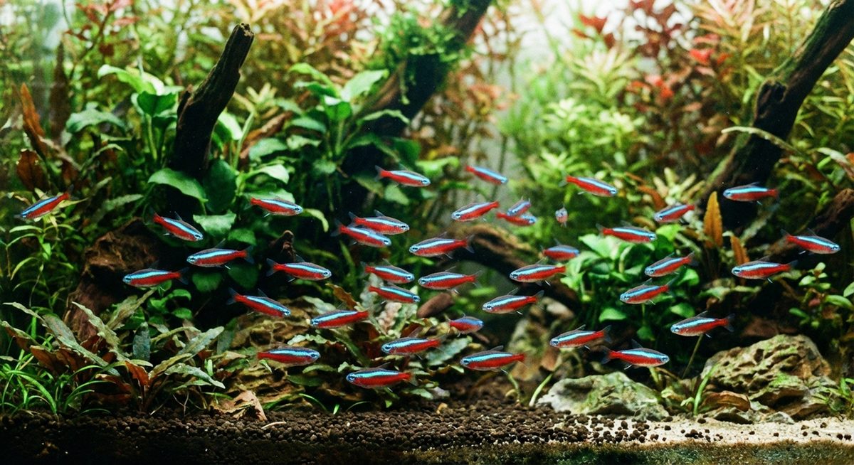 Schwarm Roter Neons in einem dicht bepflanzten Aquarium