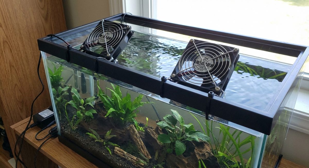 Lüfter zur Aquariumkühlung auf dem Beckenrand montiert