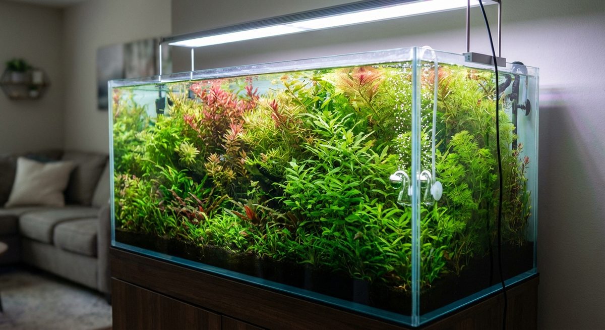 Dicht bepflanztes Aquarium mit schnellwachsenden Stängelpflanzen zur Algenvorbeugung