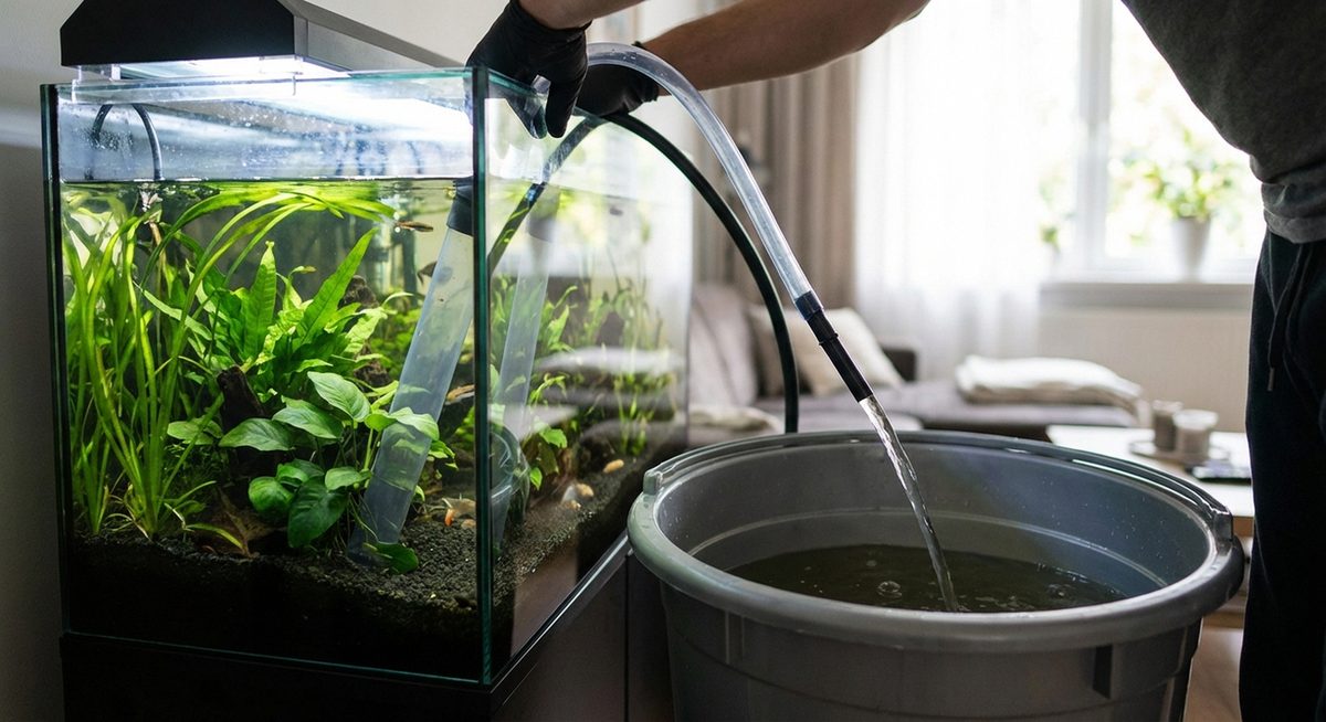 Wasserwechsel am Aquarium mit Mulmsauger und Schlauch